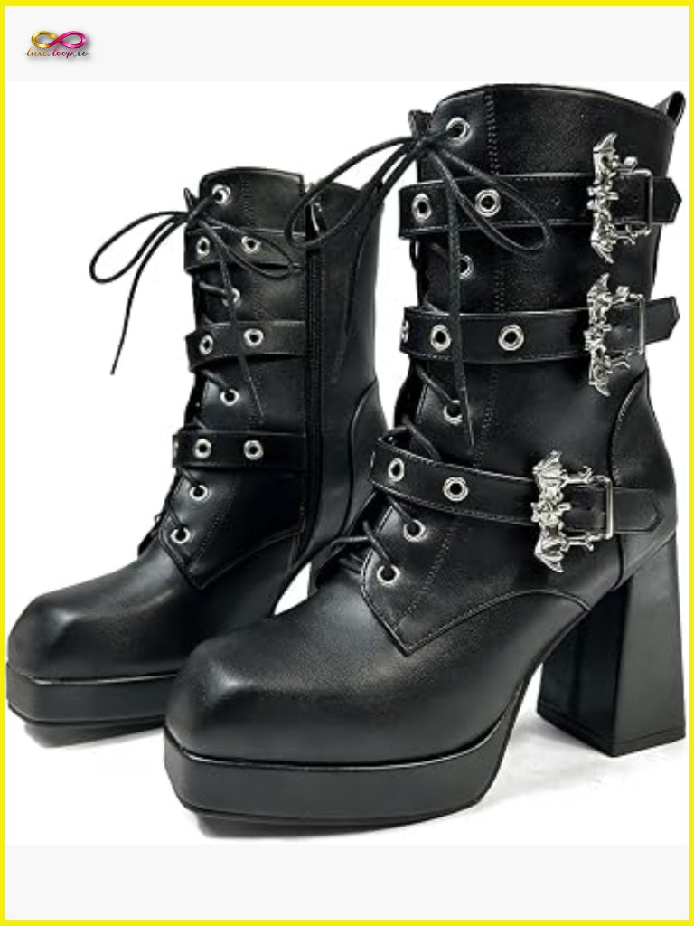 Chunky Platform Combat Boots With Zipper Square Toe Buckle Lace Up Gothic